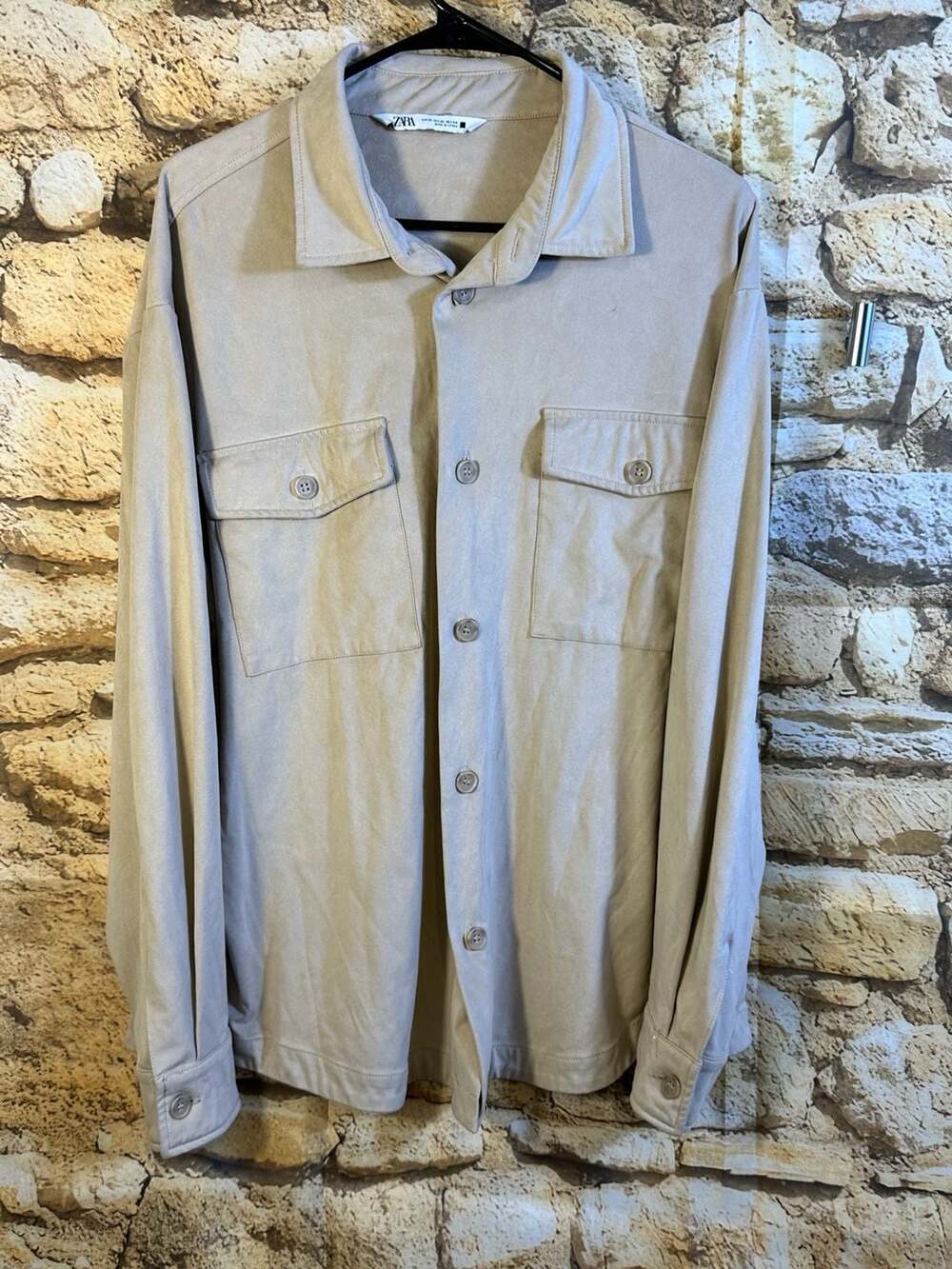 Zara Overshirt Size XL Beige Faux Suede Long Sleeve Button Up